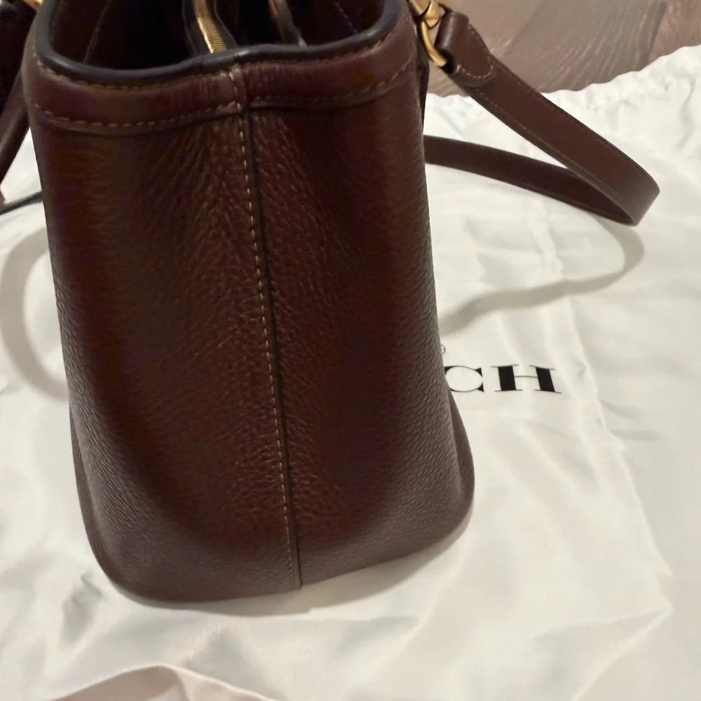 Coach Dark Brown Pebbled Leather Satchel with Gold Accent